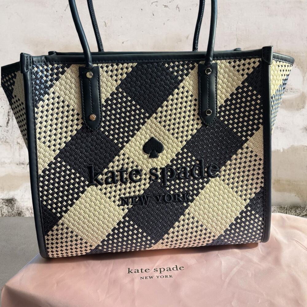 Kate Spade $449 Ella Gingham Blazer Blue Woven Tote Bag + Dust Bag